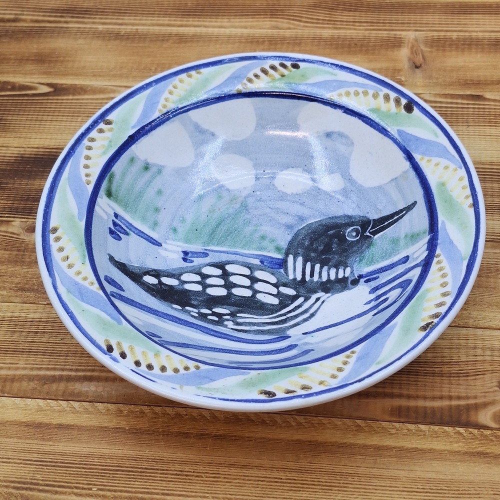 Hand Painted Blue Lune Duck Bird Glazed Pottery Bowl Signed Fruit Catch All 9"
